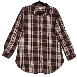 Garnet Hill Plaid Tunic‎ Top Blouse Women's 12 Plum Red Long Sleeve Button Up